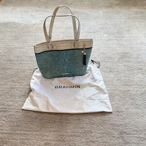 Brahmin Teal and Cream Croc-Embossed Leather Tote with Tassel Charm